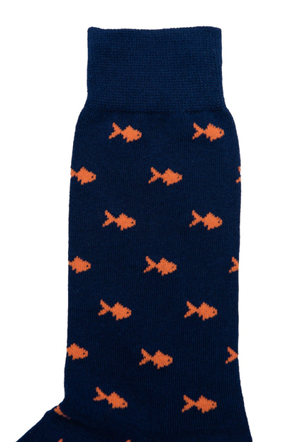 A navy blue sock with Gold Fish Socks.