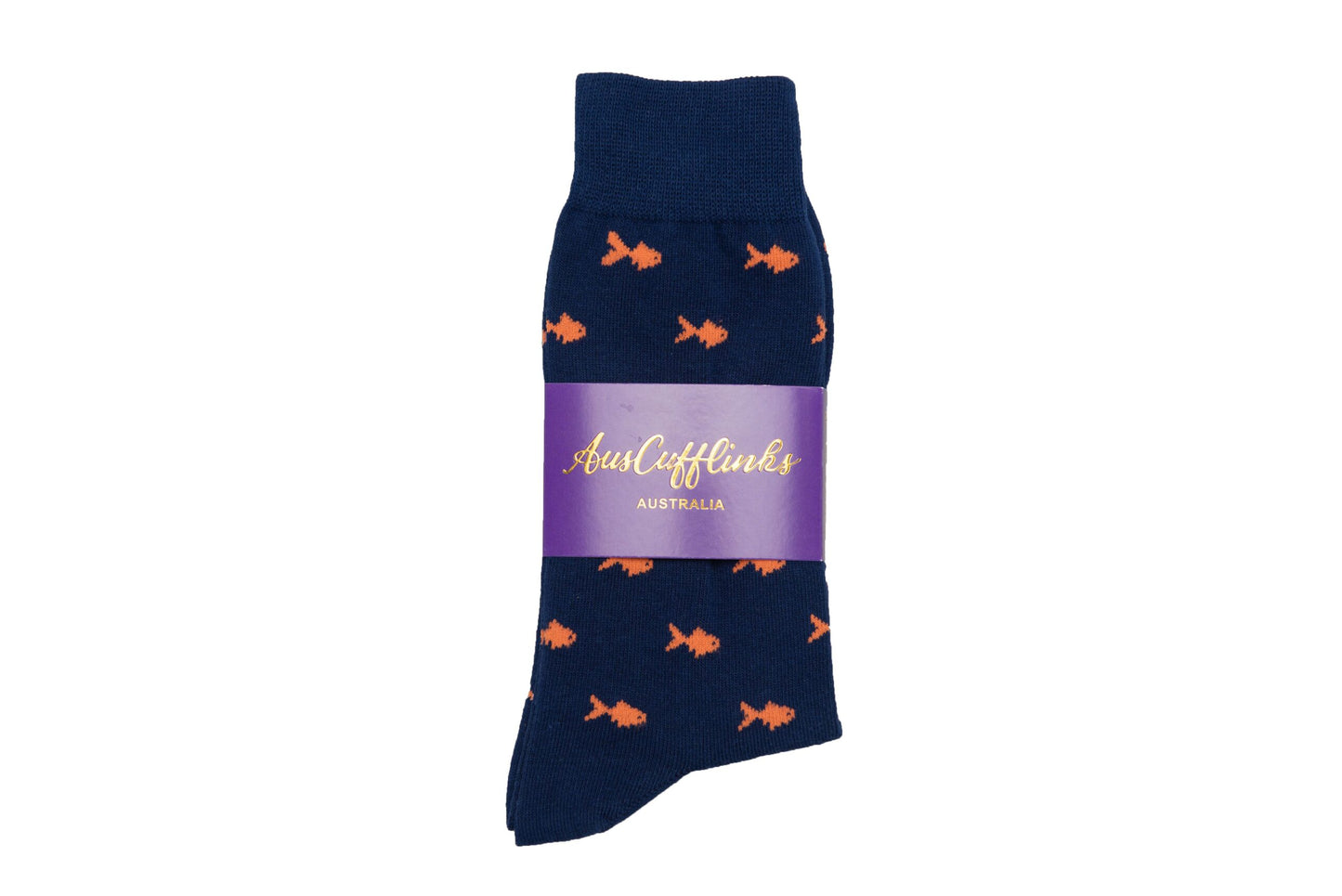 A blue sock with Gold Fish Socks on it. The perfect addition to your collection of vibrant socks.