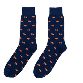 A pair of navy Gold Fish Socks with orange fish on them.