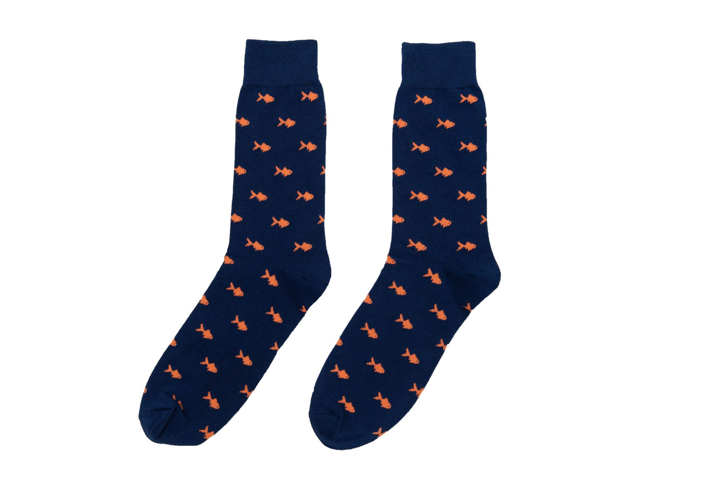 A pair of navy Gold Fish Socks with orange fish on them.