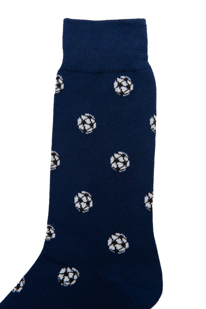 A dark blue Soccer Sock with a pattern of small white and black soccer balls, offering goal-worthy comfort with every step.