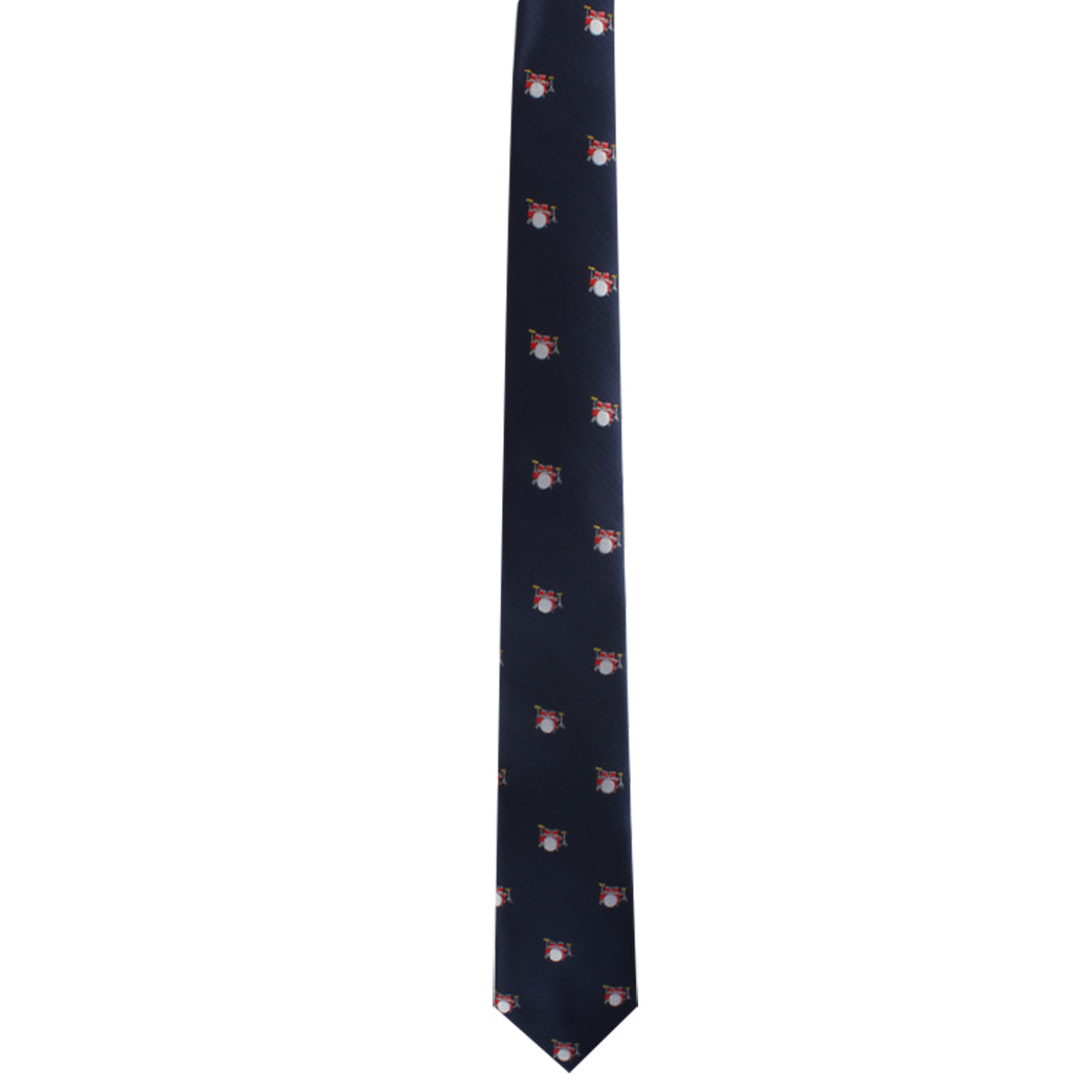 A stylish black Drums Skinny Tie featuring an image of a cat, adding a playful beat to any look.