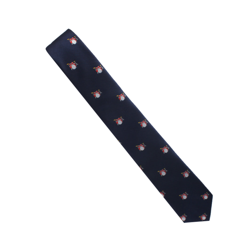 A stylish Drums Skinny Tie with a red and white polka dot pattern.
