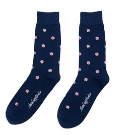 A pair of Baseball Socks with pink polka dots.