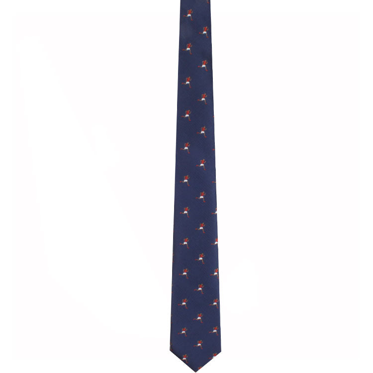 An Athletics Skinny Tie with a blue color and a red bird pattern.