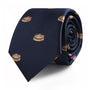 A navy blue Dumplings Skinny Tie featuring a repeating pattern of dumplings in bamboo steamers combines culinary inspiration and timeless elegance.