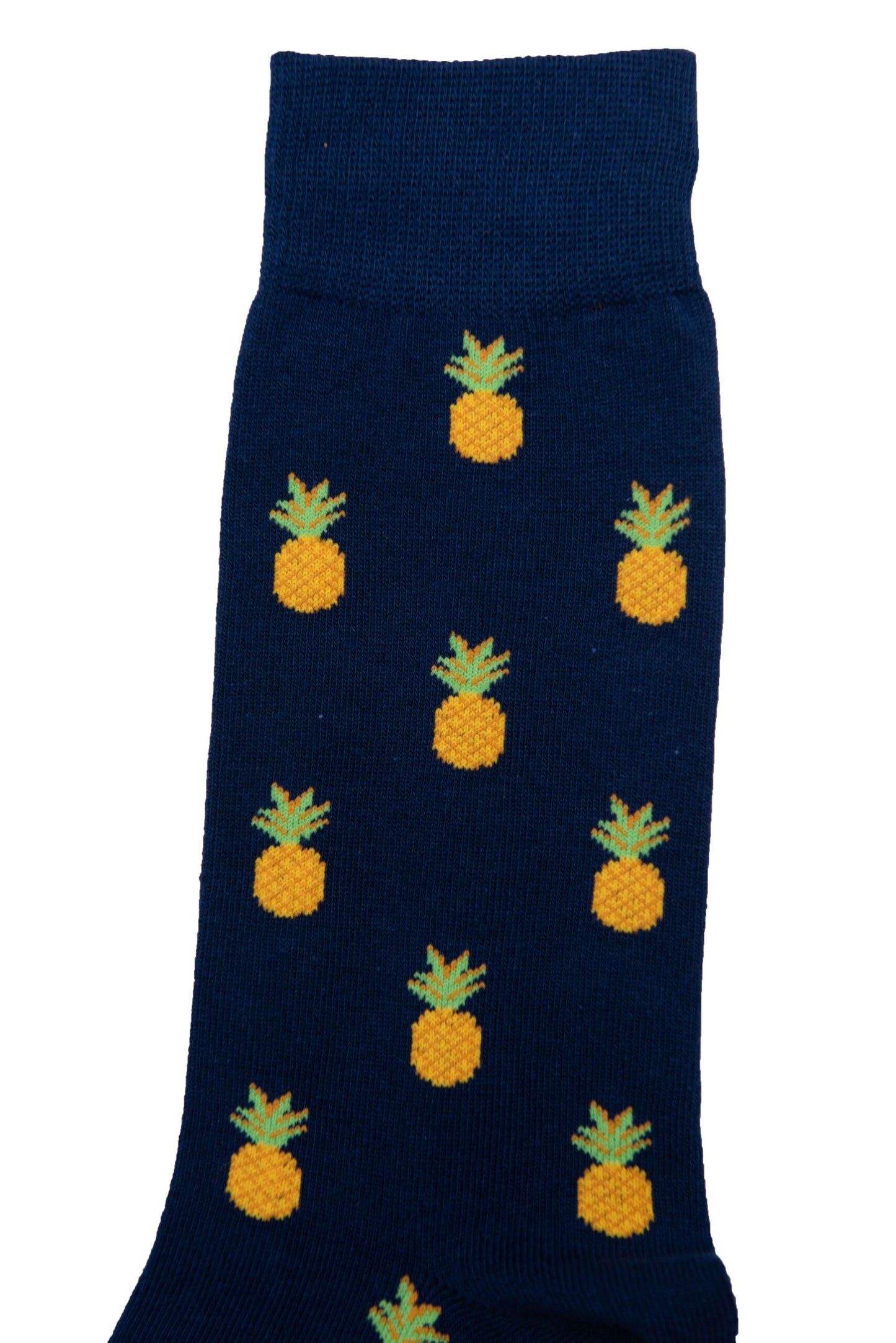 A Pineapple Sock featuring a pattern of yellow pineapples with green leaves, designed for tropical comfort from heel to toe.