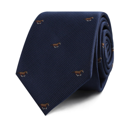 A Thoroughbred Horse Skinny Tie in navy blue, adorned with an intricate pattern of small embroidered brown horses, perfectly capturing the essence of equestrian culture.