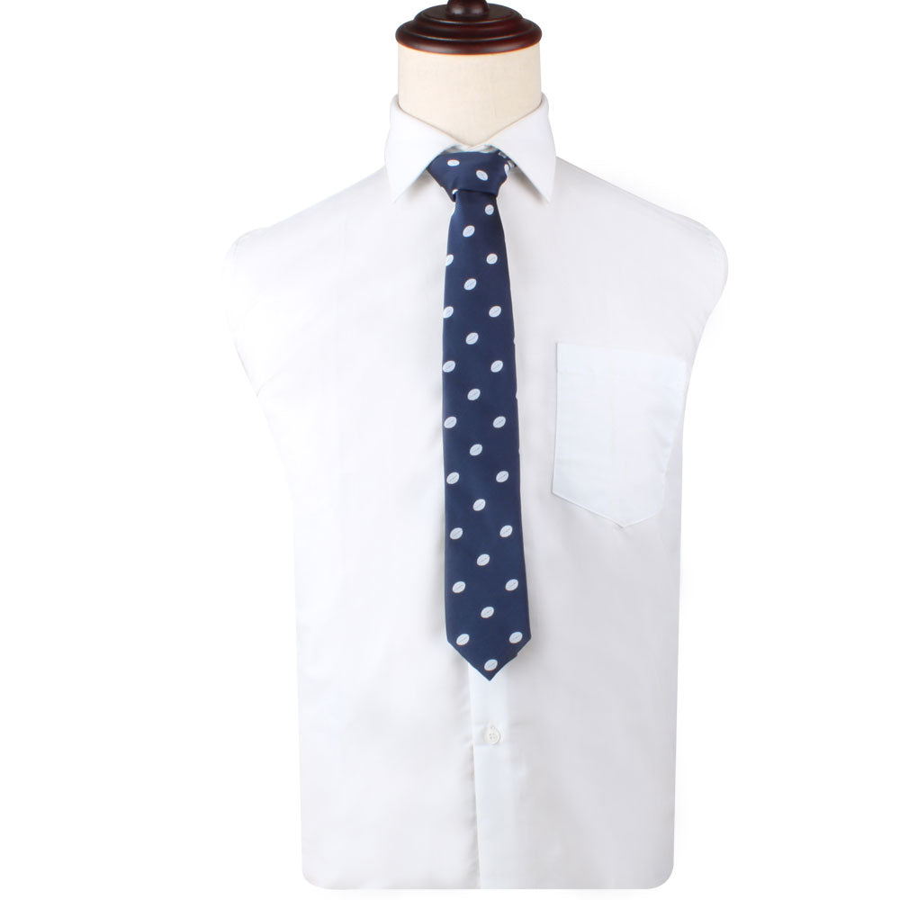 Sentence with the product name: Mannequin torso styled in a white shirt with a Rugby Skinny Tie.