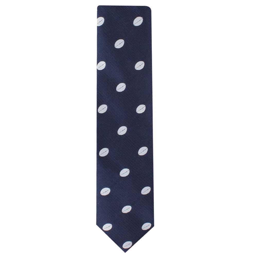 Rugby Skinny Tie featuring a pattern of white ovals, displayed straight against a plain white background. This piece encapsulates rugged athleticism with effortless style.