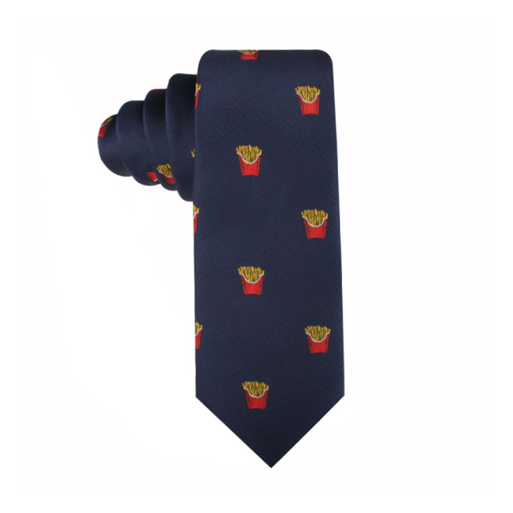 The Fries Skinny Tie is a navy blue necktie adorned with a repeating pattern of French fries in red containers, adding a touch of culinary charm to your ensemble.