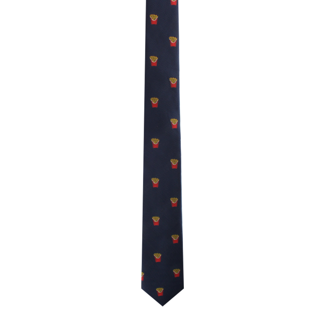 The Fries Skinny Tie features a sleek black design adorned with small, repeated images of french fries in red containers, adding a touch of culinary sophistication to your wardrobe.