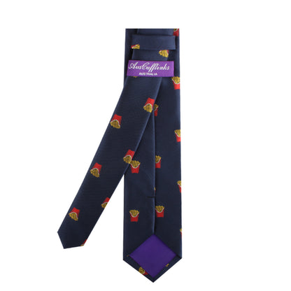 The "Fries Skinny Tie," featuring a dark blue background and a repeating printed design of red carton French fries, with a stylish purple label reading "Aussie Cufflinks Australia," adds a touch of culinary charm.