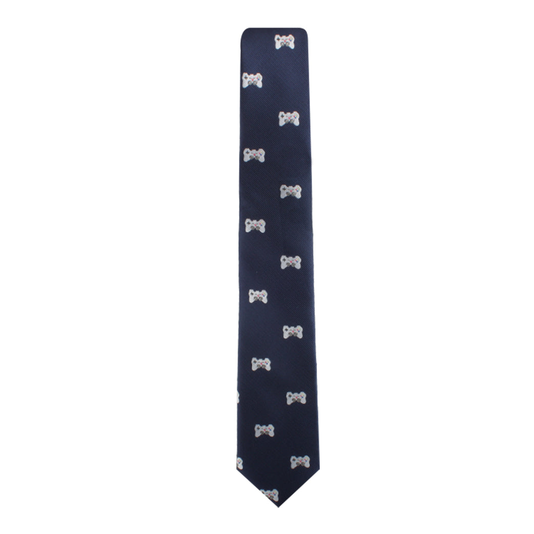 Game Controller Skinny Tie with a pattern of small, silver bow designs evenly spaced throughout, perfect for style-conscious trendsetters.