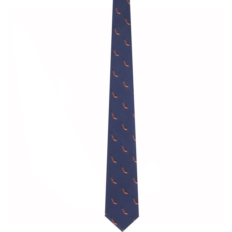 A navy blue Field Hockey Skinny Tie with a repeating pattern of small red pipe motifs, capturing an understated yet sophisticated athletic spirit.