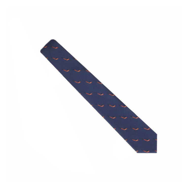 Field Hockey Skinny Tie with subtle orange and blue motifs, laid flat on a white background, radiates an athletic spirit perfect for the field hockey enthusiast.