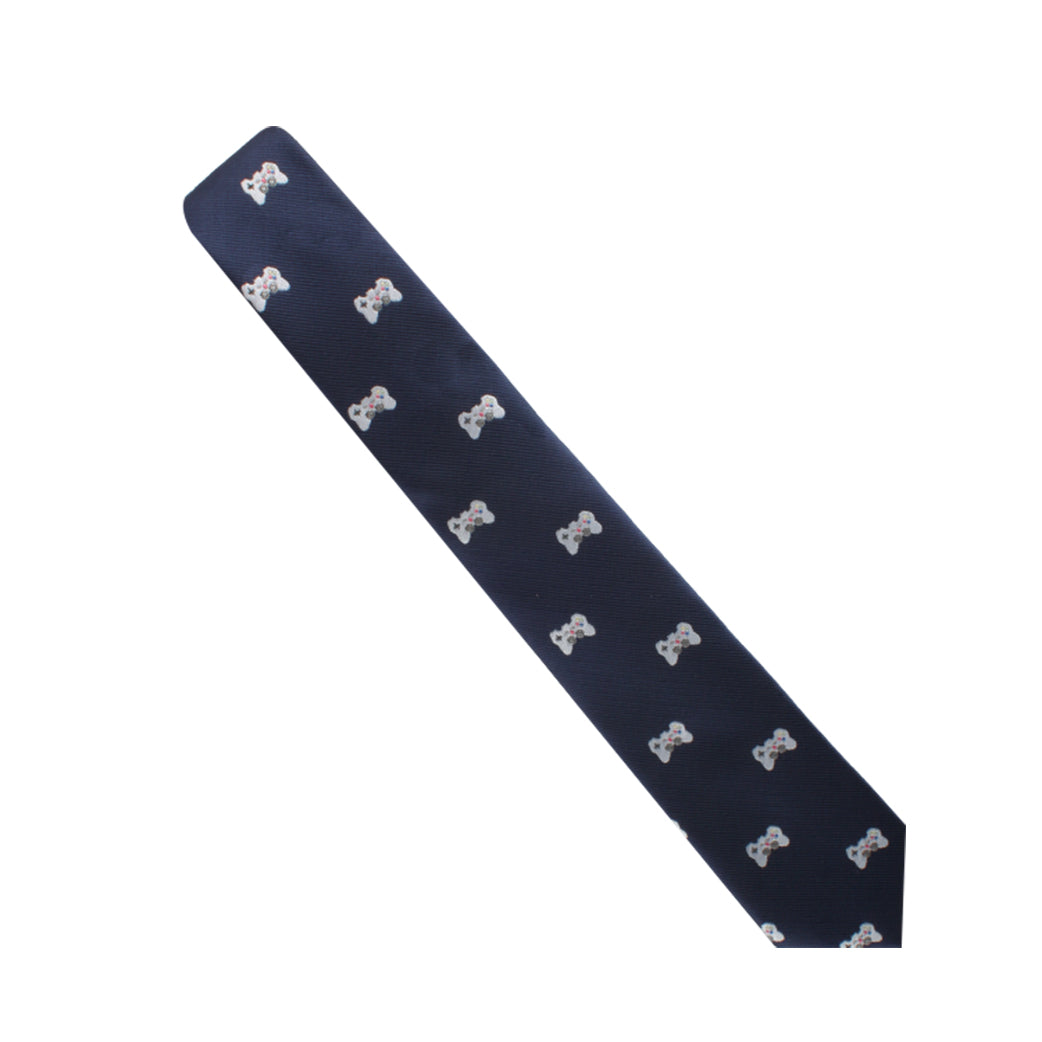 A dark blue necktie featuring a pattern of small, light-colored game controllers perfect for trendsetters.