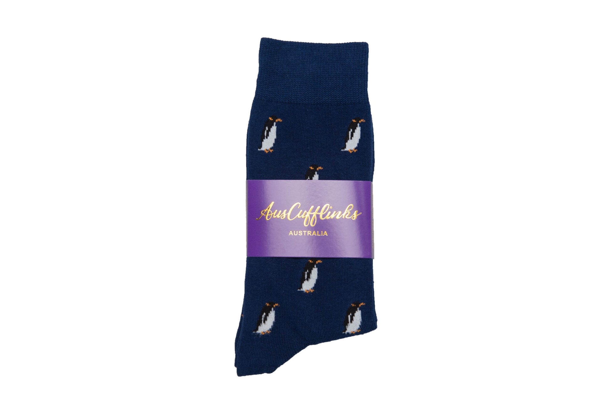 A single pair of Penguin Socks featuring a small penguin pattern, wrapped with a purple label reading "AustCufflinks Australia," offering arctic allure and ultimate comfort.