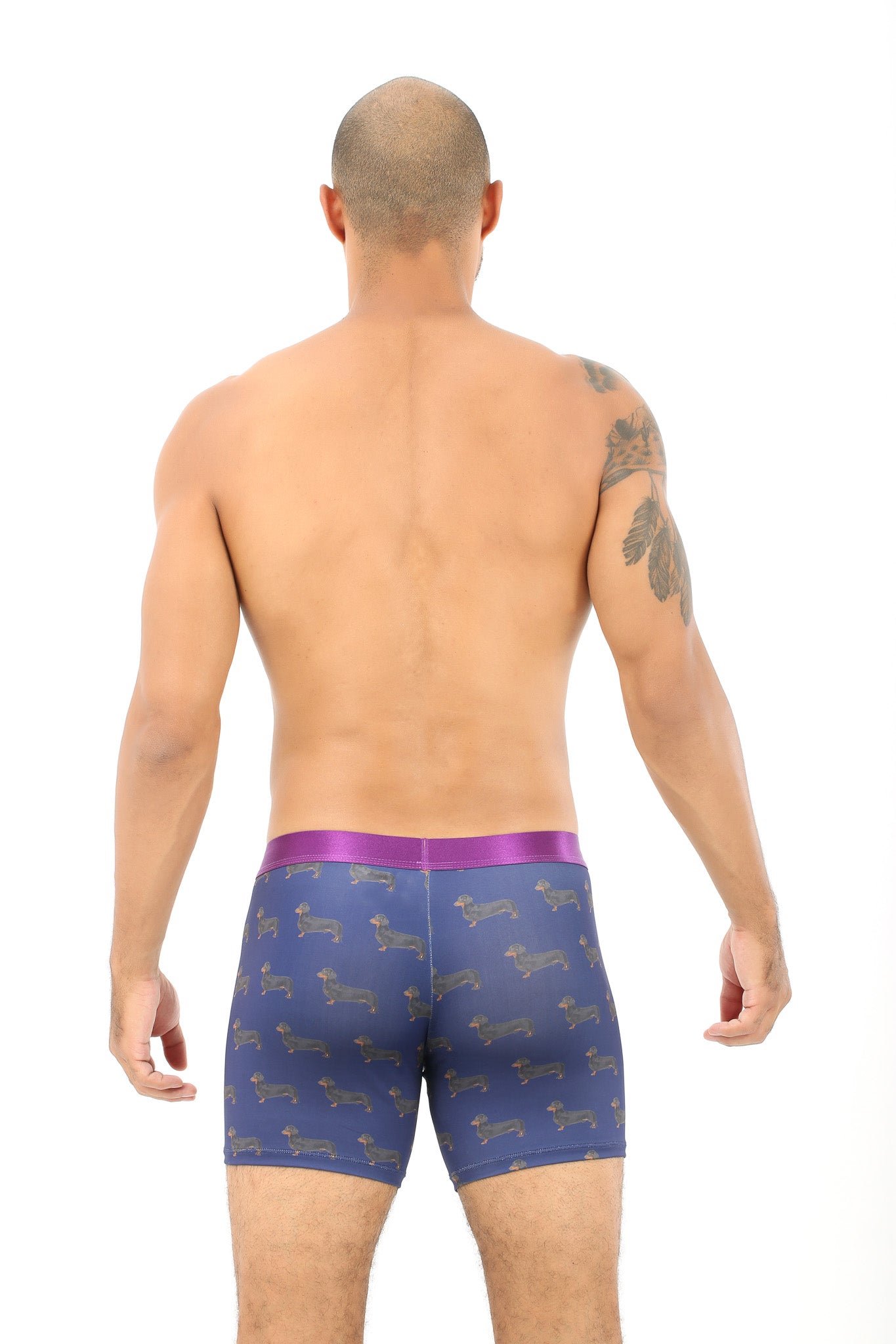 The back view of a man wearing comfortable and stylish Sausage Dog Underwear.