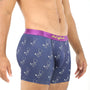 Against a white background, a person radiates coziness while wearing the Stethoscope Underwear, blue and purple boxers embellished with an enchanting stethoscope pattern, embodying the harmonious blend of style and comfort.