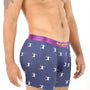 A man wearing Basketball Dunk Underwear, featuring dark blue boxer briefs with small white figure patterns and a purple waistband, enjoys comfort in every move.