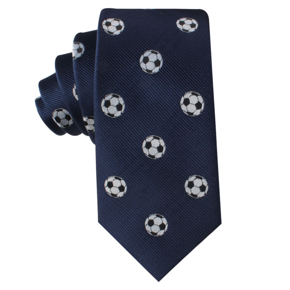 Navy blue Soccer Skinny Tie featuring a pattern of white and black soccer balls, embodying timeless class with dynamic sportsmanship.