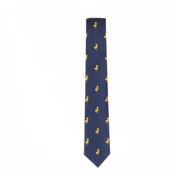 A Duck Skinny Tie with a pattern of small, yellow seahorses that effortlessly adds a touch of cuteness and style.