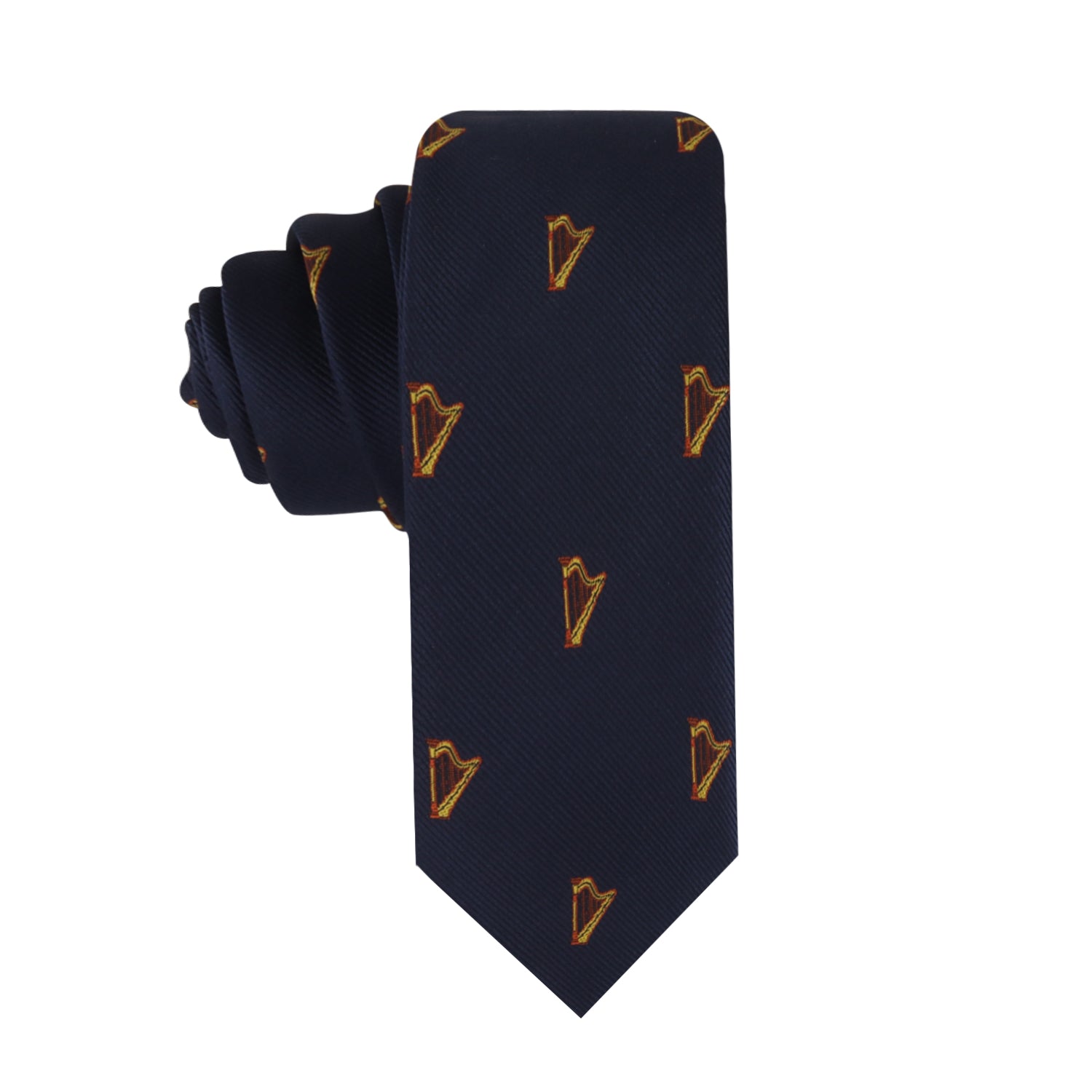 A Harp Skinny Tie with a pattern of small orange diamond shapes, rolled up and isolated on a white background, designed to orchestrate elegance.