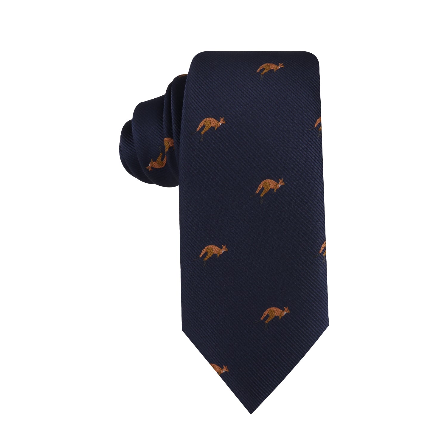 Image of the Kangaroo Skinny Tie, a neatly rolled navy blue necktie decorated with a pattern of small orange foxes, offering unmatched elegance.