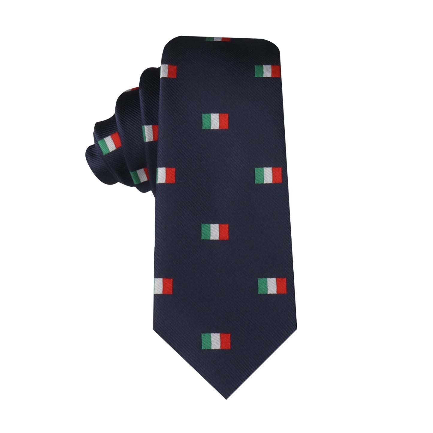 The Italian Mexican Flag Skinny Tie, featuring navy blue fabric adorned with small Italian flag motifs, exudes elegance and celebrates a fusion of cultures.