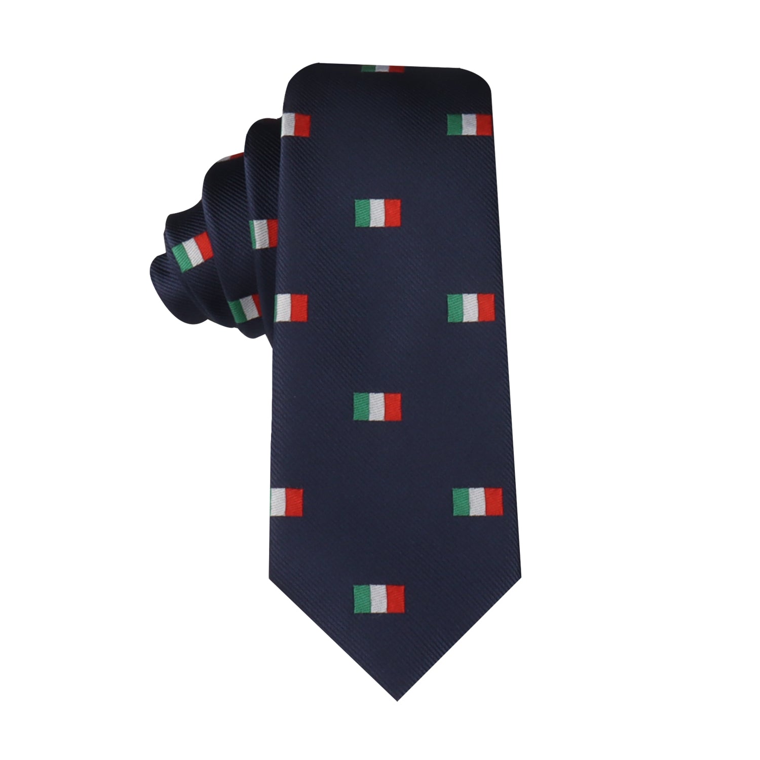 The Italian Mexican Flag Skinny Tie, featuring navy blue fabric adorned with small Italian flag motifs, exudes elegance and celebrates a fusion of cultures.