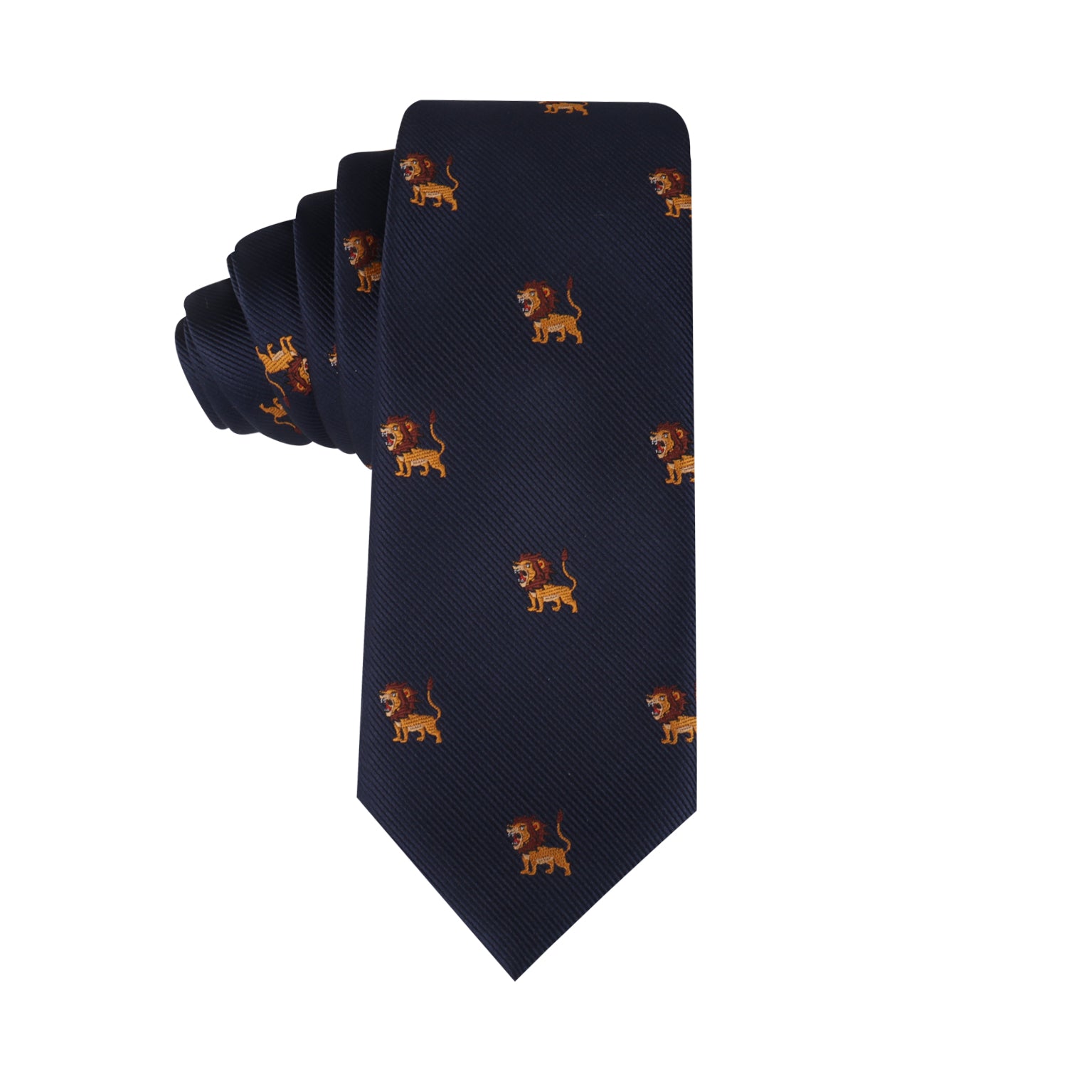 A Lion Skinny Tie featuring a repeated pattern of small embroidered lions in brown and gold, making you the leader in style.