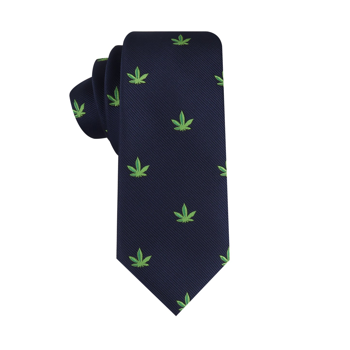 The Weed Skinny Tie, with its dark blue color and green cannabis leaf pattern, makes a bold statement.