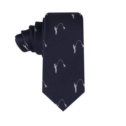 A neatly rolled Fisherman Skinny Tie, with a pattern of small white figures holding fishing rods, effortlessly reels in compliments wherever you go.