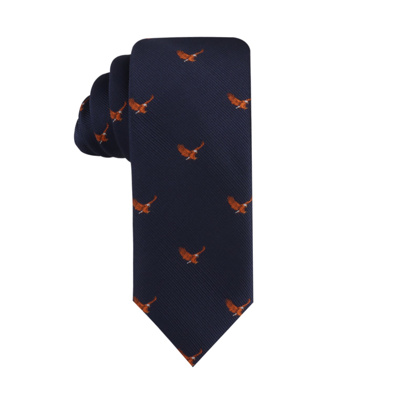 The Flying Eagle Skinny Tie, adorned with an orange embroidered bird pattern on a navy blue background, captures the essence of majestic fashion.