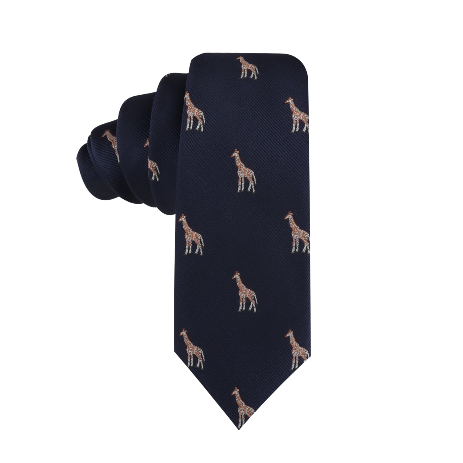 A rolled-up Giraffe Skinny Tie in navy blue, featuring a pattern of small, embroidered giraffes that adds a touch of safari sophistication.