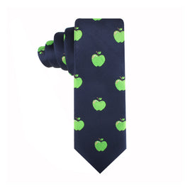 An Apple Skinny Tie with a repeating green apple pattern displayed on a white background, exuding modern style and natural freshness.