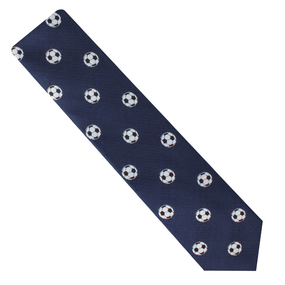 A Soccer Skinny Tie with a pattern of white and black soccer balls evenly spaced across its surface, exuding both dynamic sportsmanship and timeless class.