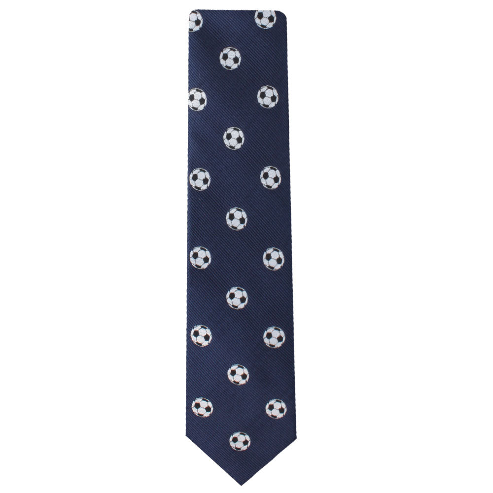 A Soccer Skinny Tie featuring a pattern of soccer balls evenly spaced across its surface, exuding both timeless class and dynamic sportsmanship.