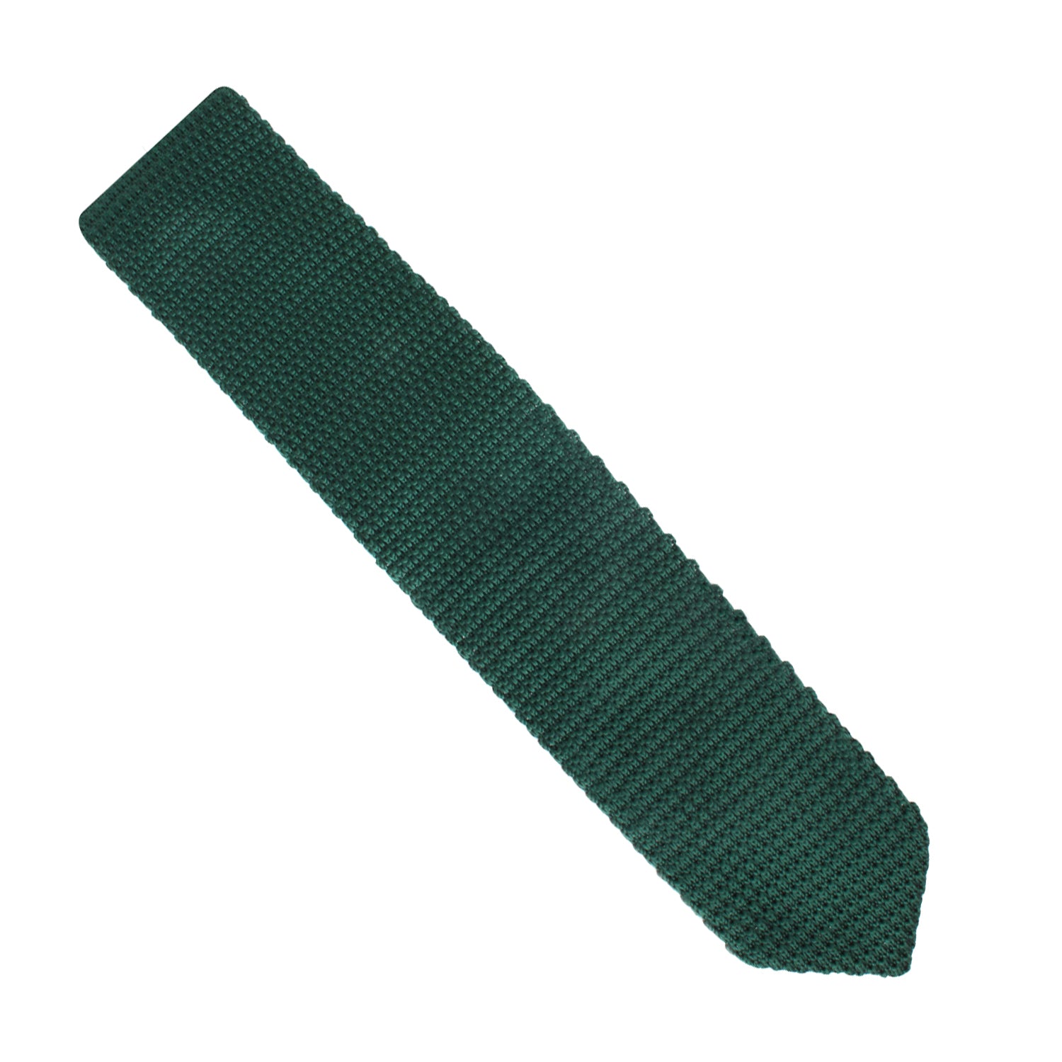 The Green Knitted Skinny Tie, featuring a rich dark green color and a textured finish, lies elegantly flat against a white background.