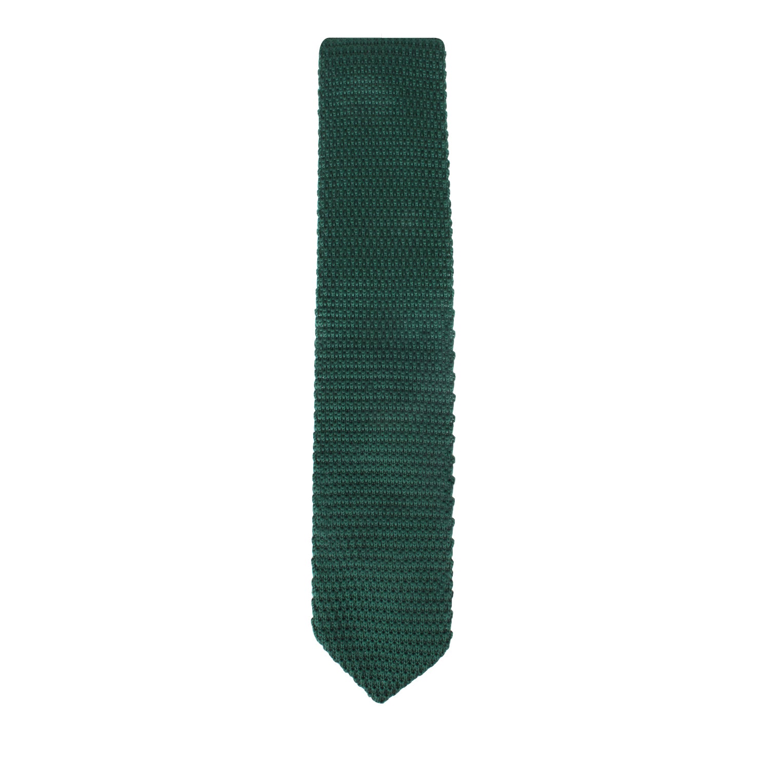 A refreshing and elegant Green Knitted Skinny Tie with a pointed tip stands out against a white background.