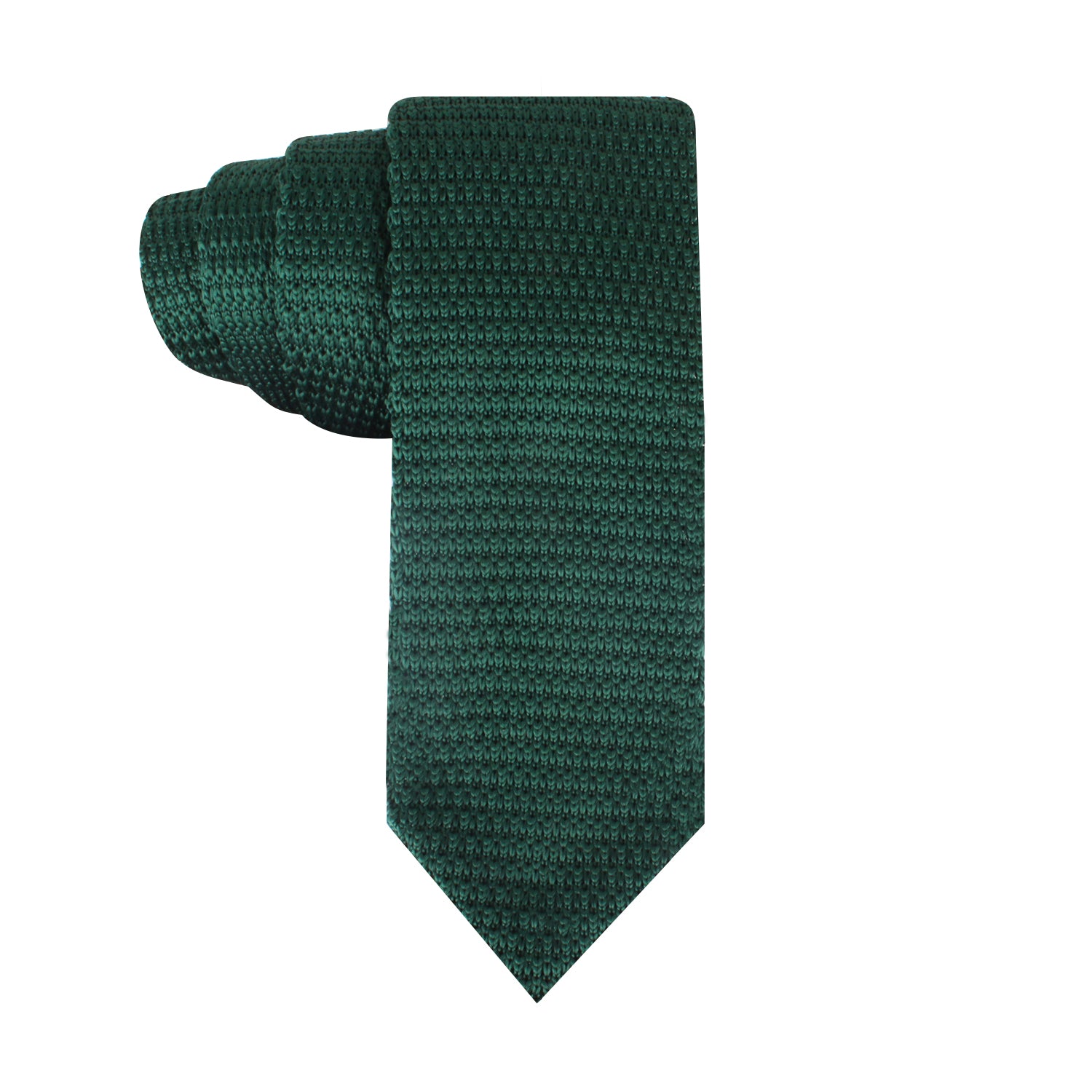 A neatly rolled Green Knitted Skinny Tie with a pointed tip, exuding a refreshing elegance.