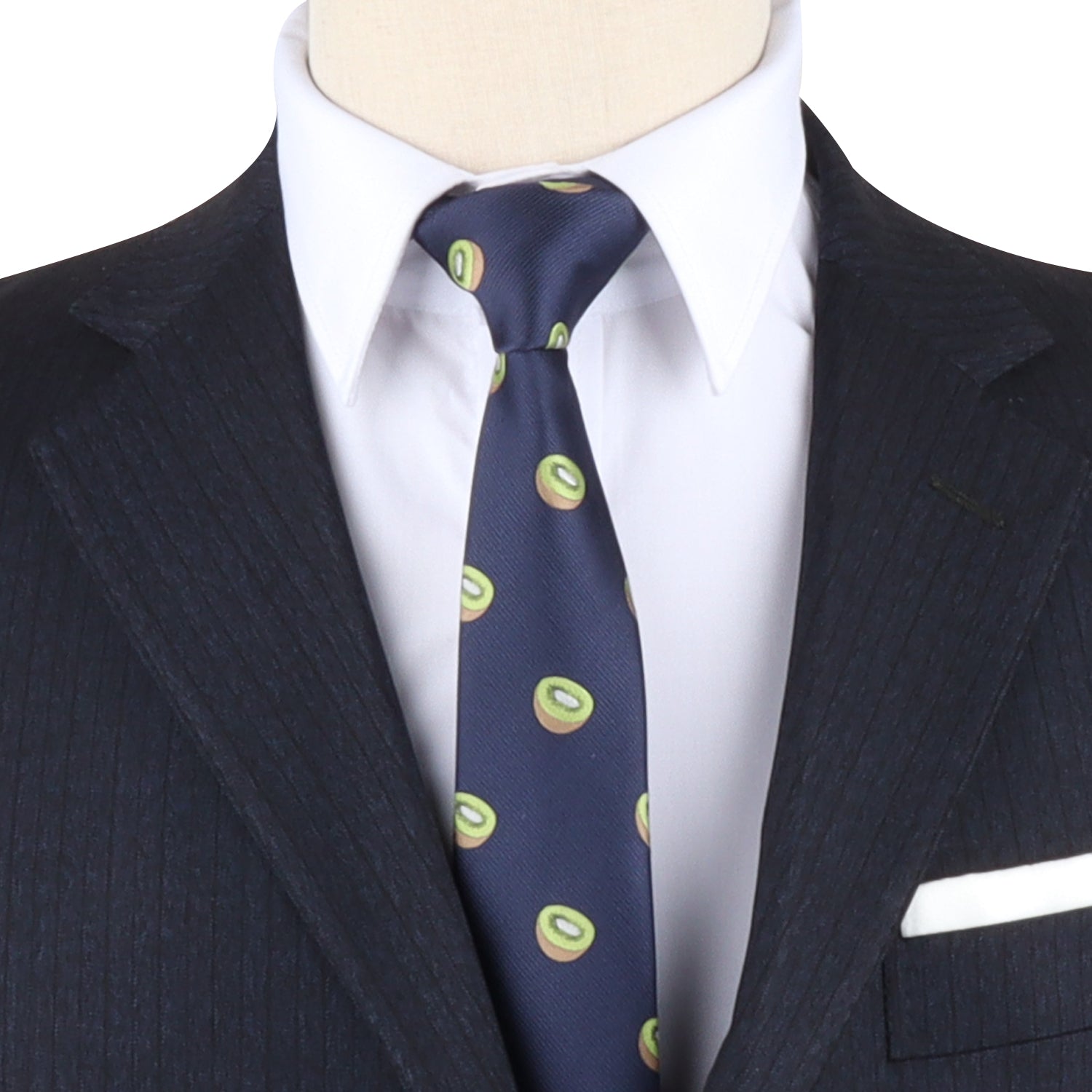 A vibrant mannequin wearing a Kiwi Skinny Tie.