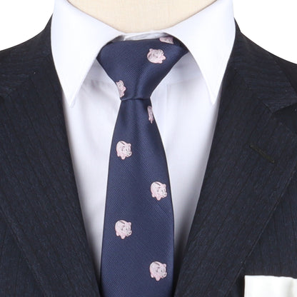 A close-up of a person wearing a dark pinstriped suit, white dress shirt, and a Piggy Bank Skinny Tie, exuding sophistication and ensuring they standout in any room.