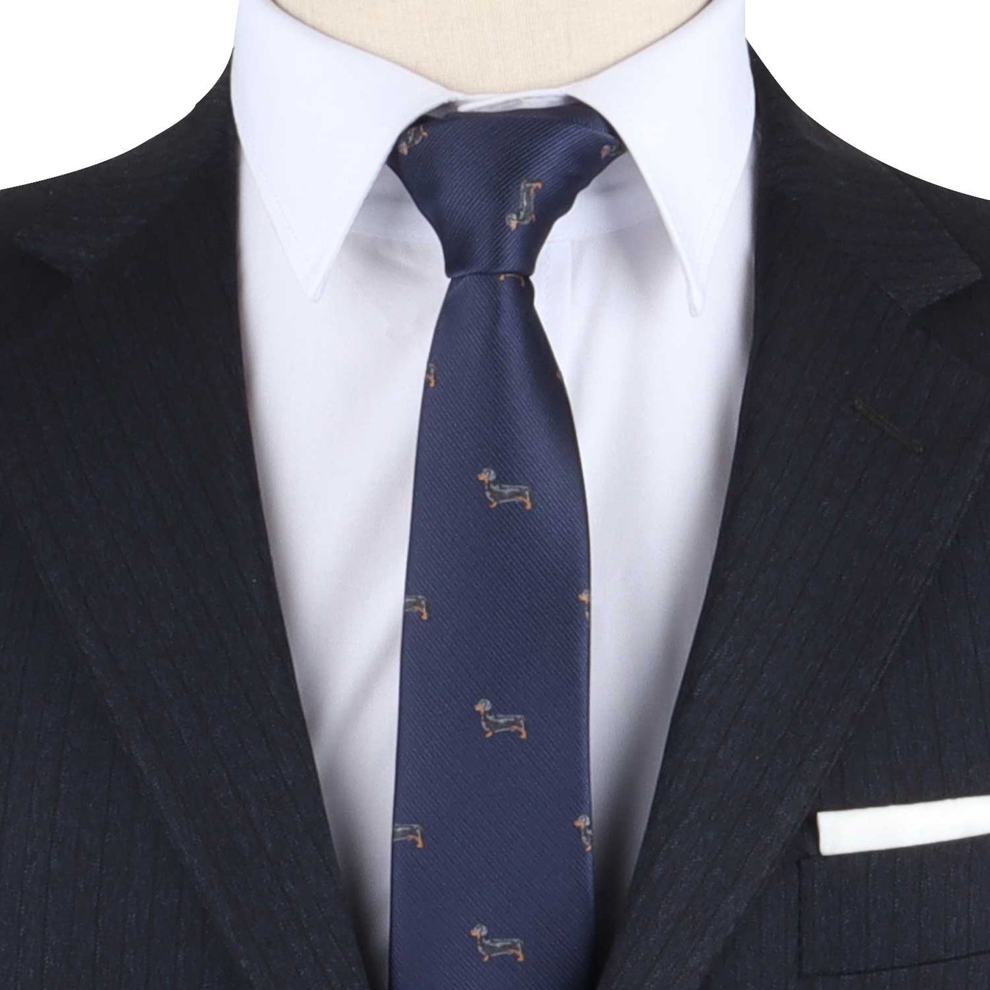 A mannequin wearing a Sausage Dog Skinny Tie with a playful look.