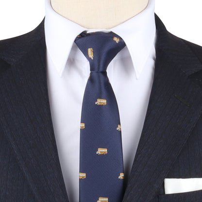 Close-up of a mannequin wearing a dark suit, white shirt, and a School Bus Skinny Tie styled as a nostalgic tie.