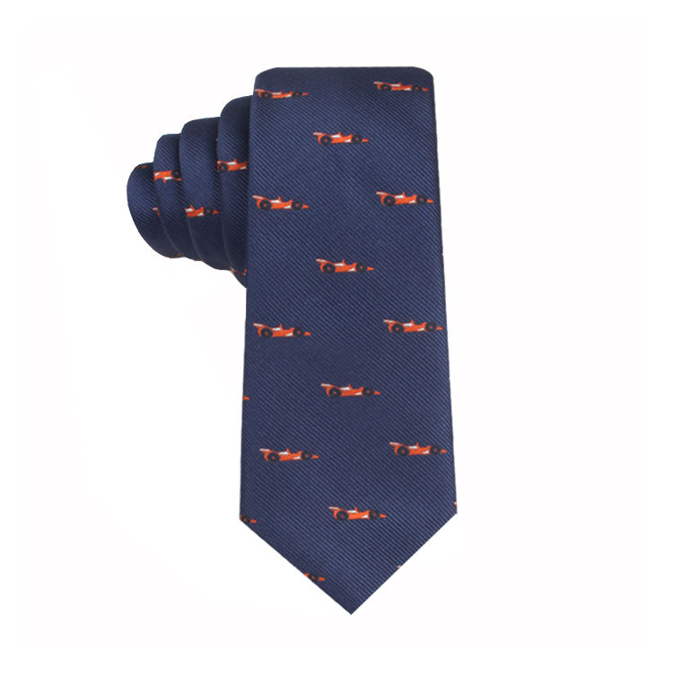 A Racing Car Skinny Tie with perfect harmony of orange and black dogs on it.
