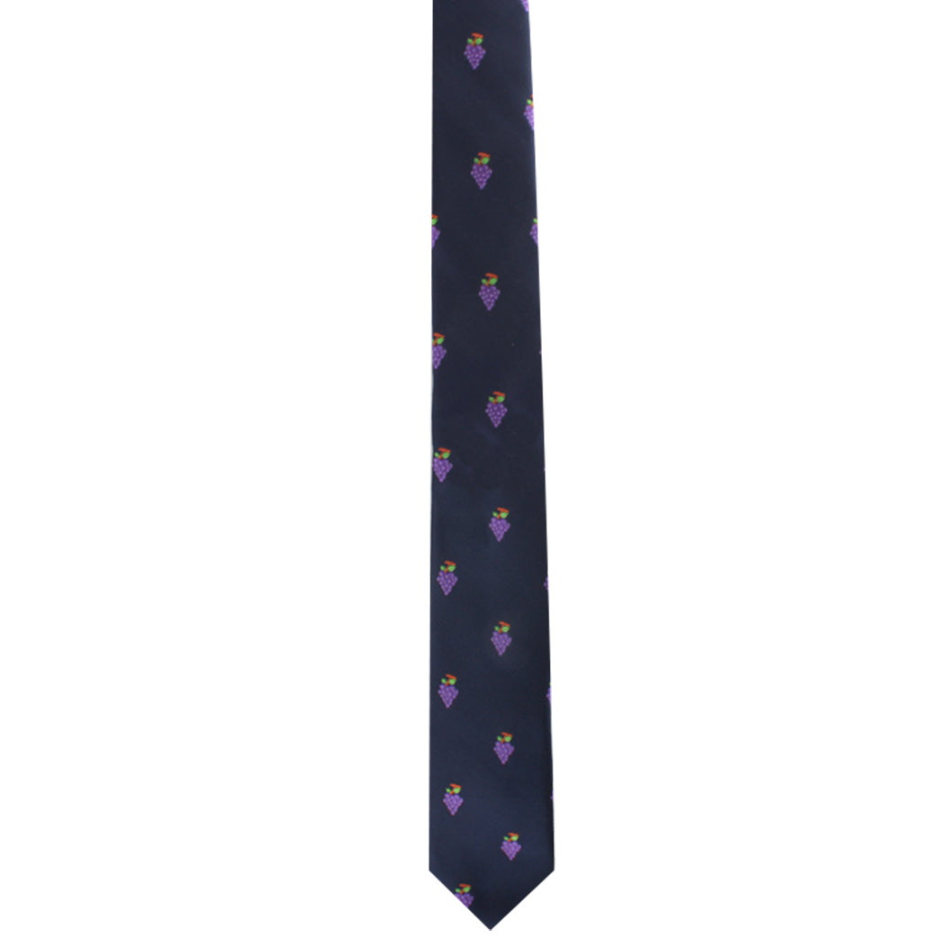 A Grapes Skinny Tie in navy blue features small, colorful ice cream cone designs, exuding a touch of vineyard sophistication.