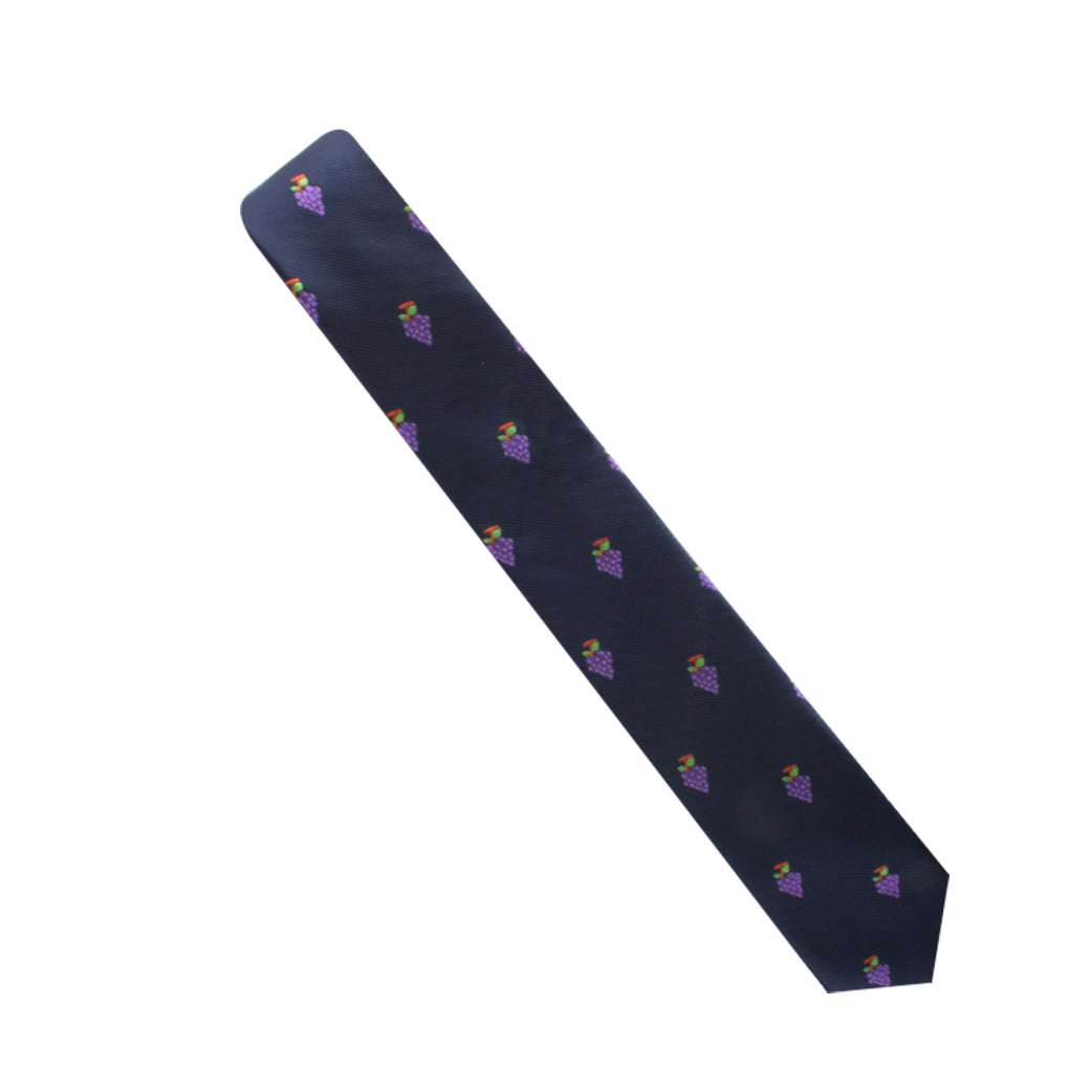 A navy blue tie adorned with a repeating pattern of small ice cream cones, known as the Grapes Skinny Tie.