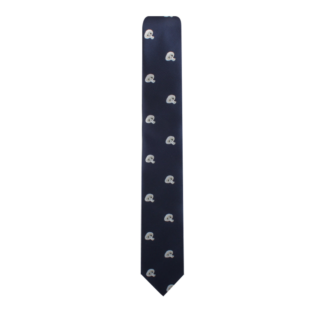 Navy blue Mushrooms Skinny Tie featuring a repeated pattern of small light grey and white elephants, exuding an understated elegance that's both sophisticated and nature-inspired.